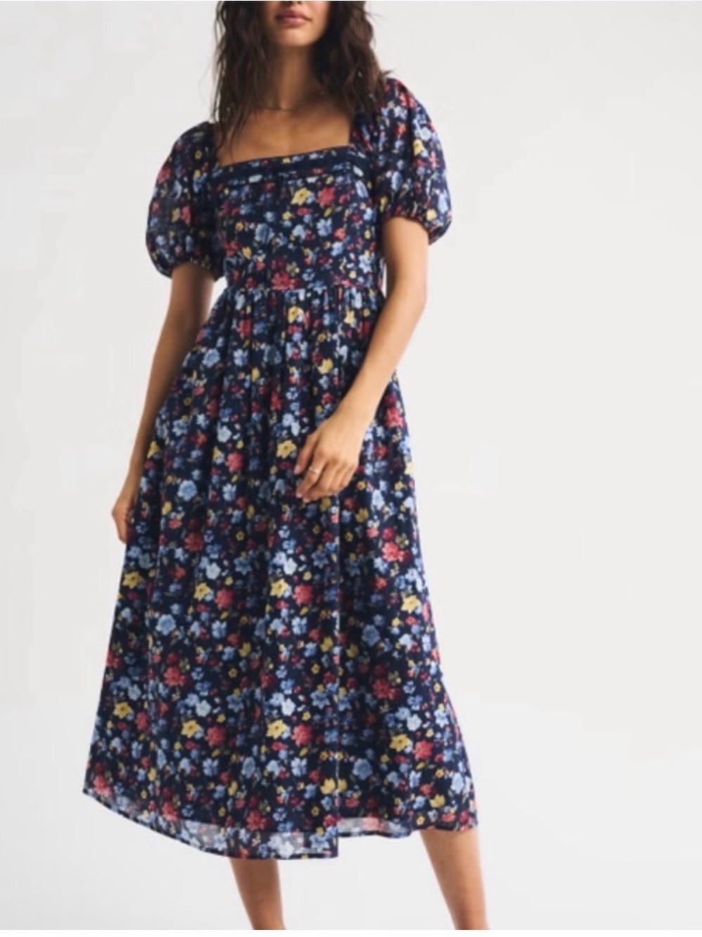 Abercrombie & Fitch Floral Puff-Sleeve Midi Dress - Navy Floral